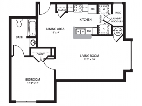 One Bedroom Floor Plan at Wharside Commons Affordable Apartments in Middletown CT